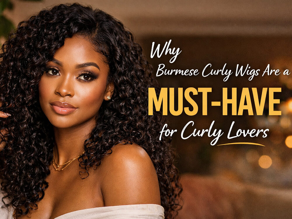 Beautiful Black woman wearing a natural Burmese curly wig with text: why Burmese curly wigs are a must-have for curly lovers