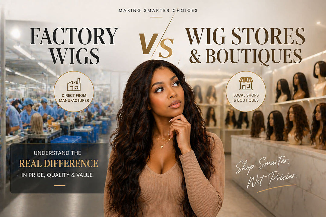 woman comparing factory wigs and wig stores thinking about price and quality differences human hair wigs