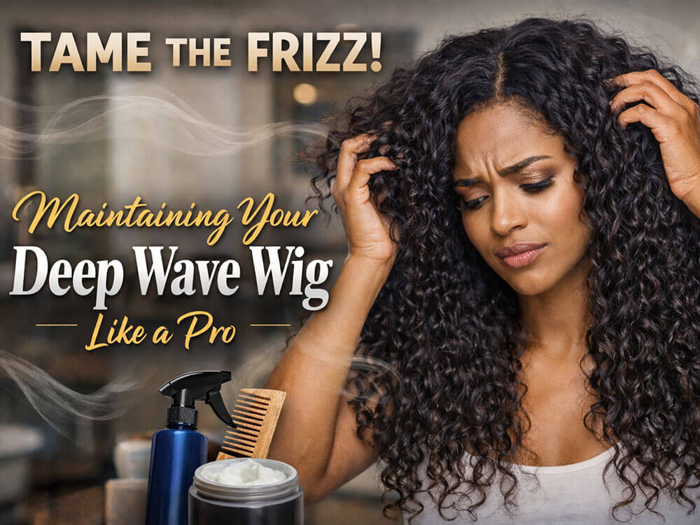 African American woman frustrated with frizzy deep wave wig showing defined deep wave curls and volume texture maintenance concept