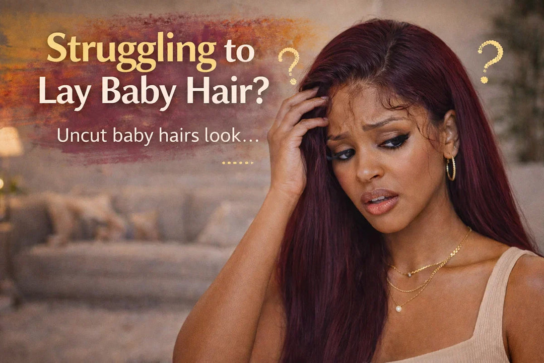 woman struggling with baby hair wig install
