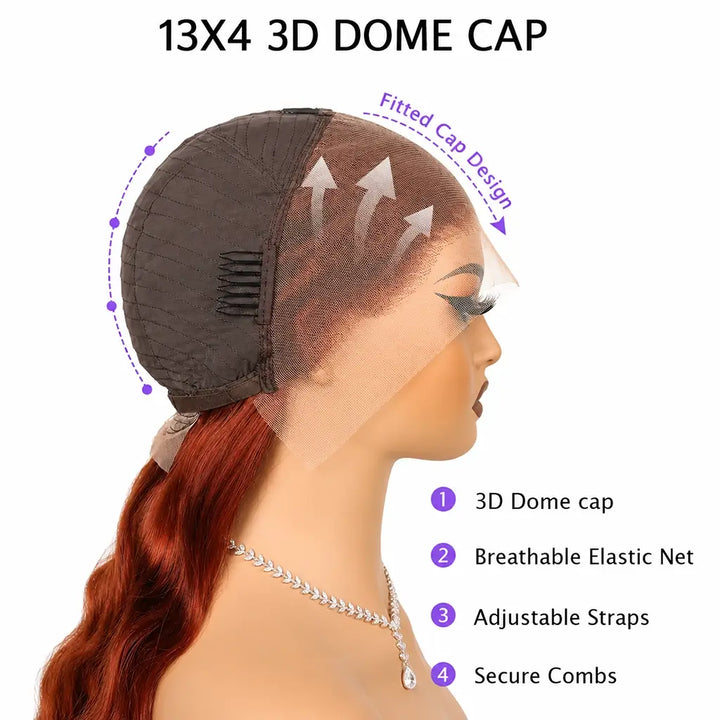 Illustration of a 13x4 3D dome cap with features highlighted on a white background.
