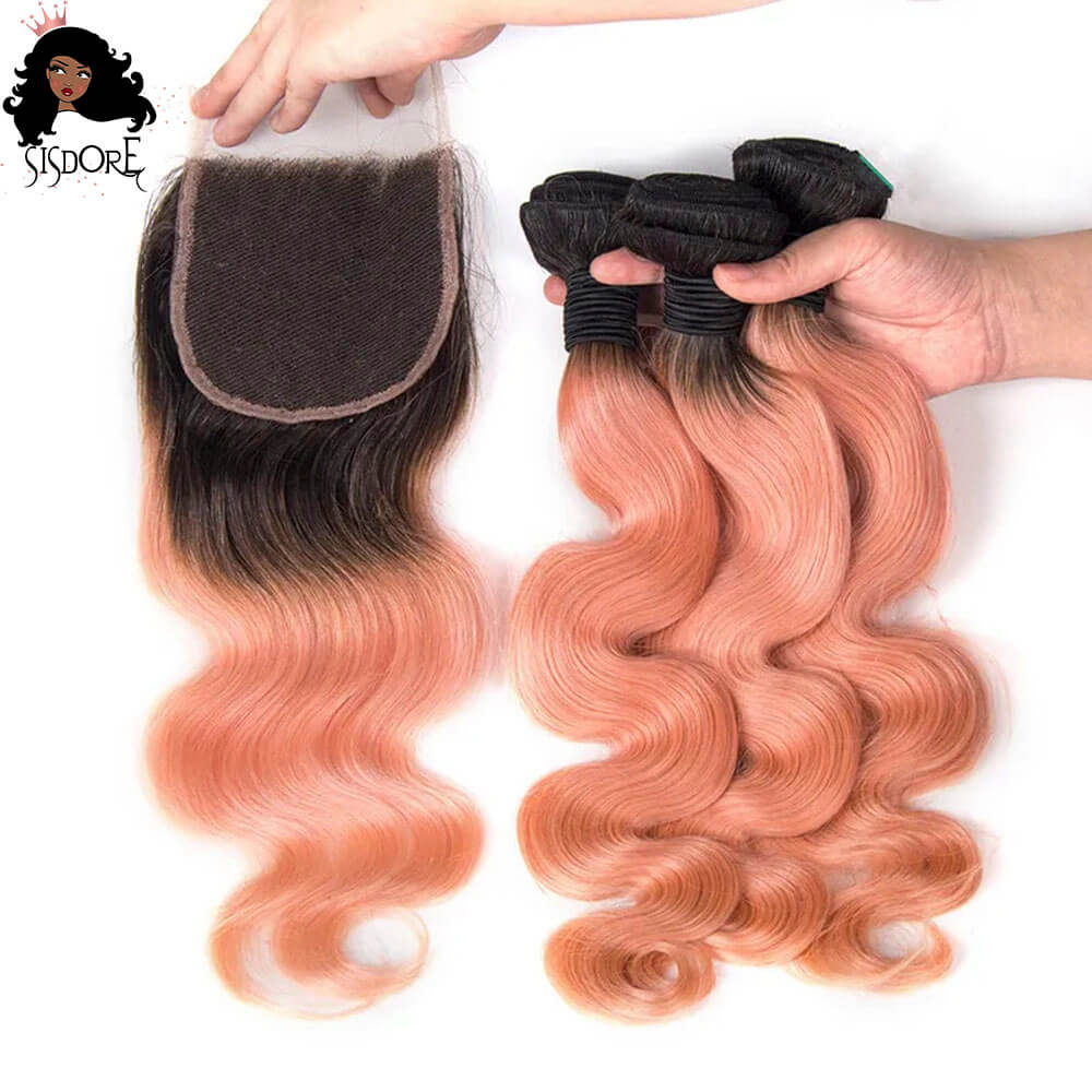 1B/Rose Gold Body Wave Ombre Human Hair Bundles With Lace Closure