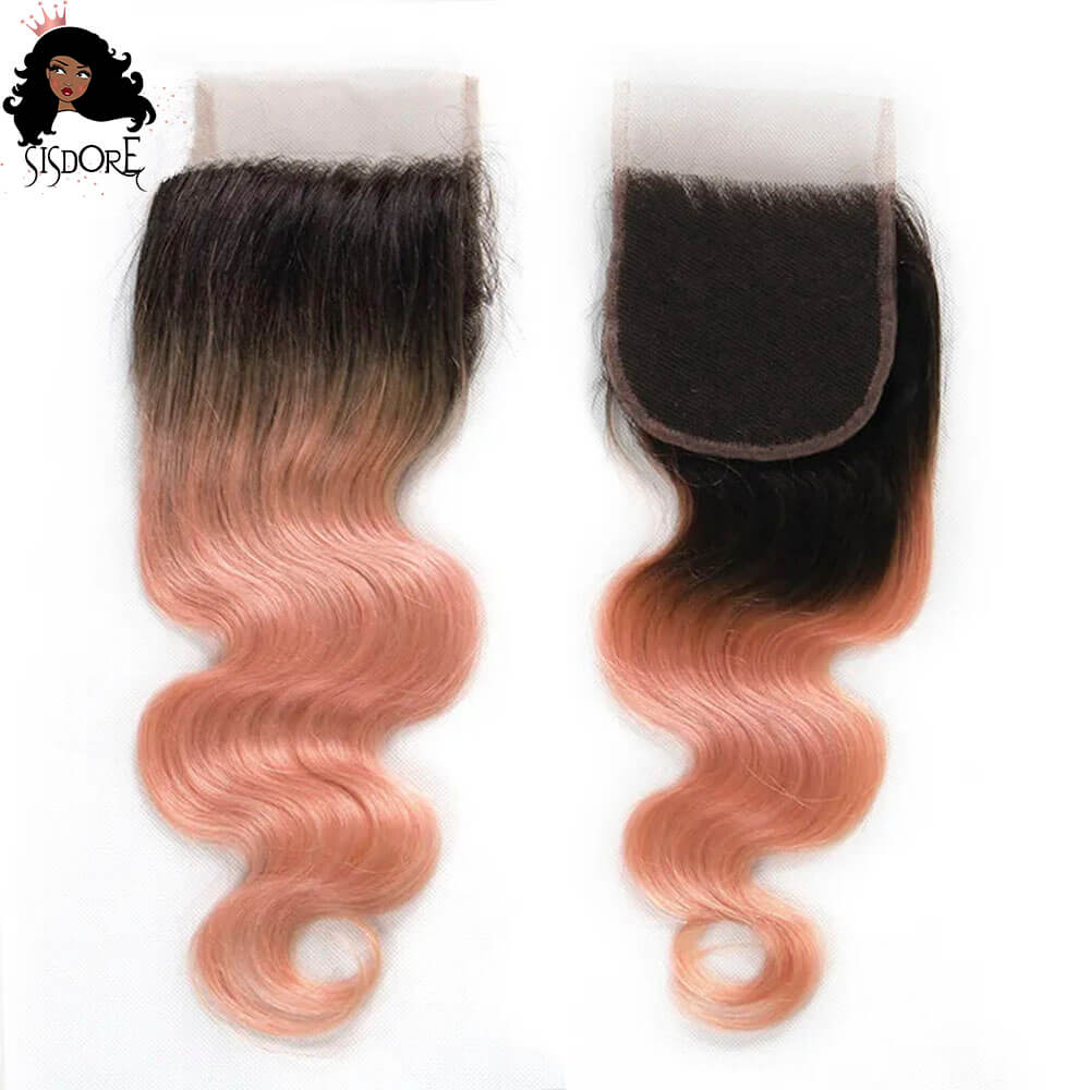 Rose Gold Body Wave 4x4 Lace Closure Ombre Pink Hair with Dark Roots