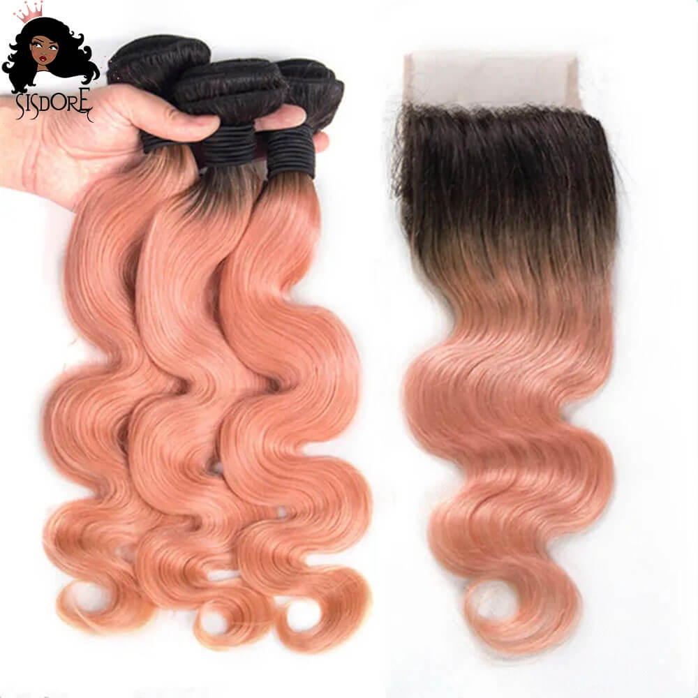 Ombre Rose Gold Body Wave Hair Bundles with Closure