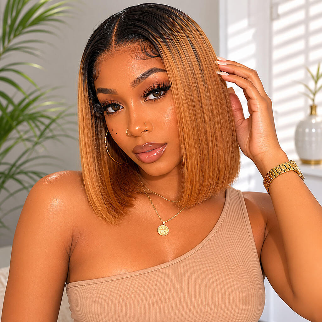 woman wearing a #1b/30 ombre auburn straight bob wig with black roots lace front