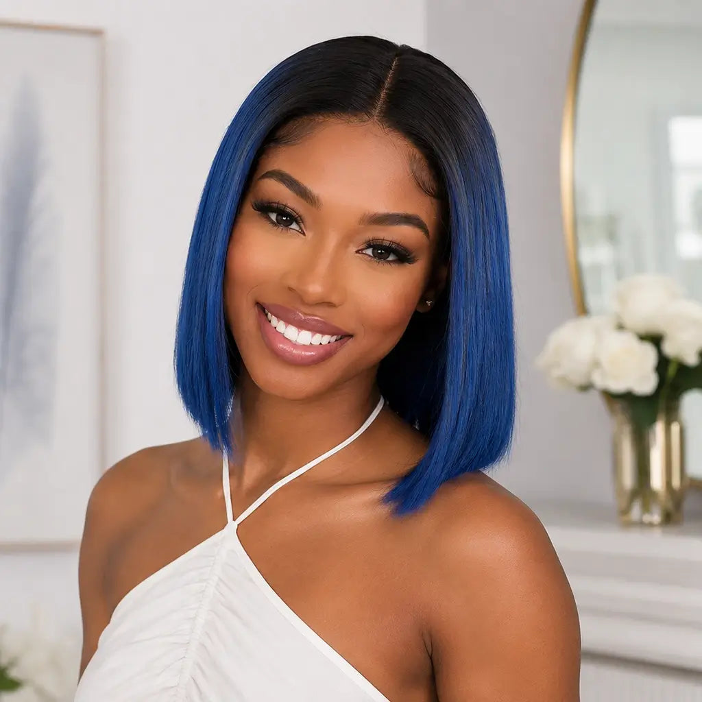 1B Blue Ombre Straight Bob Wig Human Hair with Black Roots on Black Woman