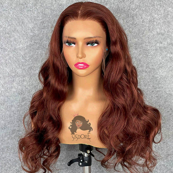 #33 Reddish Brown Body Wave Wigs, Dark Auburn Lace Front Wig