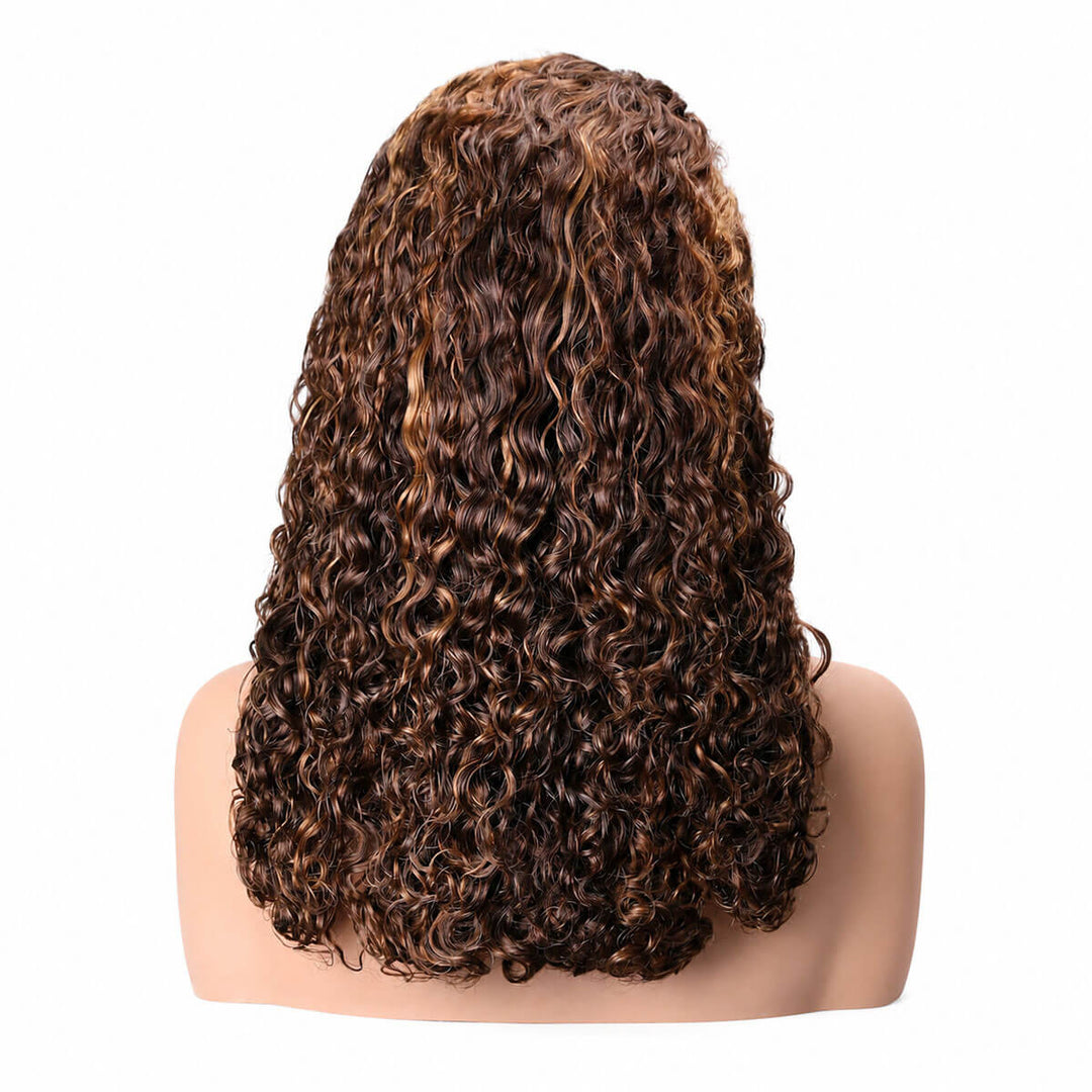 #4/27 medium brown with honey blonde highlights water wave curly wig back view