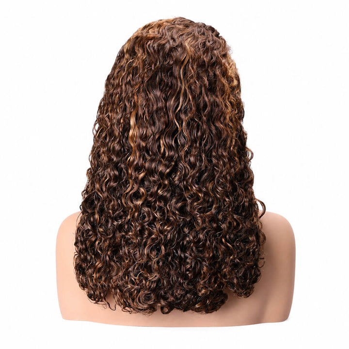 #4/27 medium brown with honey blonde highlights water wave curly wig back view