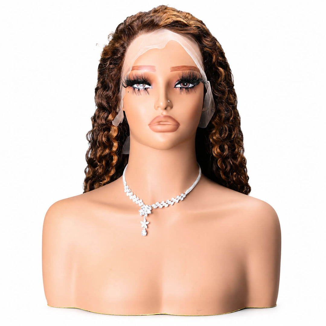 brown with blonde highlights curly wig front view