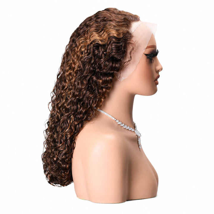 Mannequin head with a brown with blonde highlights curly wig on a white background