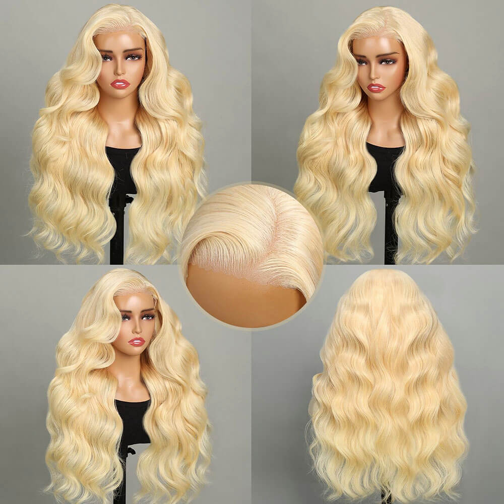 #613 blonde body wave human hair 210% density glueless pre-cut HD lace wig with natural hairline 