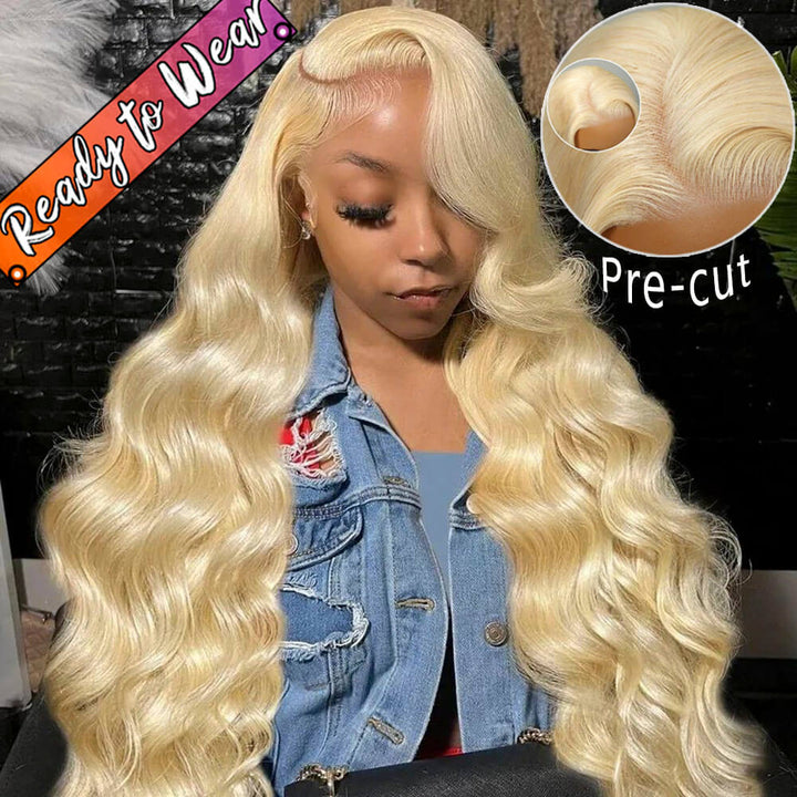 blonde body wave glueless human hair wig pre-cut HD lace