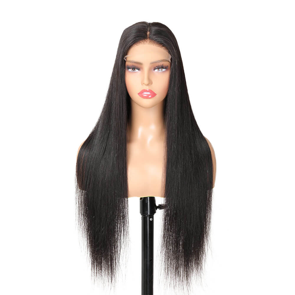 Black straight human hair glueless wig pre-cut HD lace