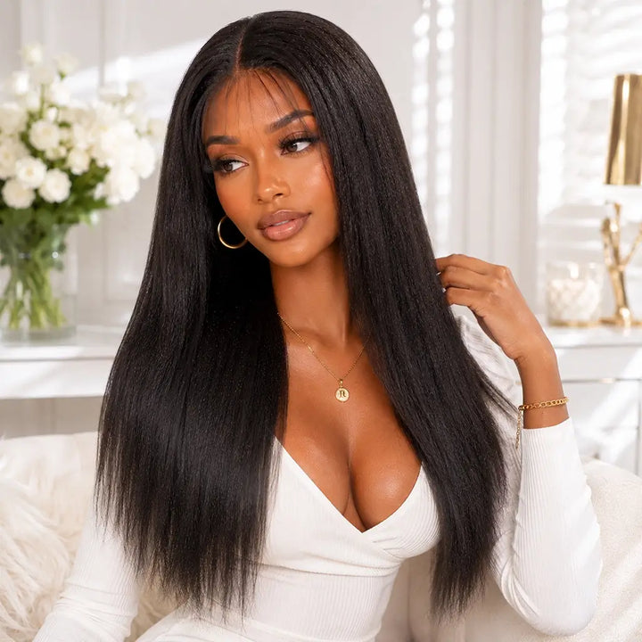 Black women wearing a black Yaki Straight Wig with a natural scalp effect and silky yaki texture