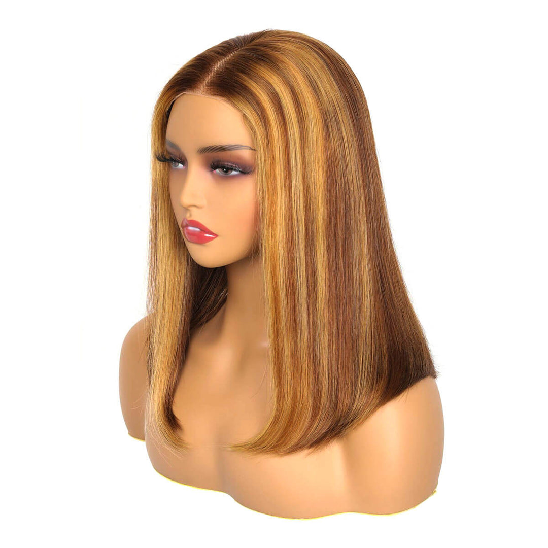 Brown Hair with Blonde Highlight Bob Wig, 5x5 HD Lace Pre Cut Wear and Go Glueless Wig