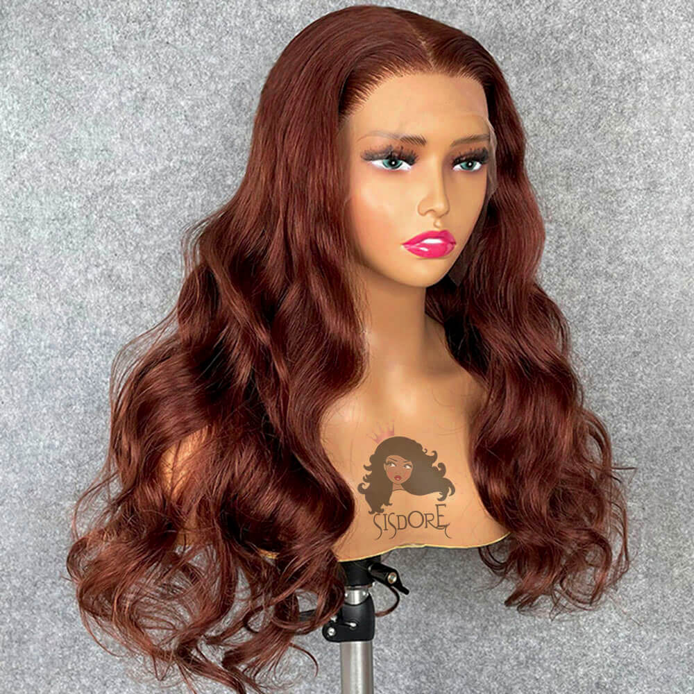 Dark Auburn Body Wave Wigs, Reddish Brown Human Hair Lace Front Wigs Color 33