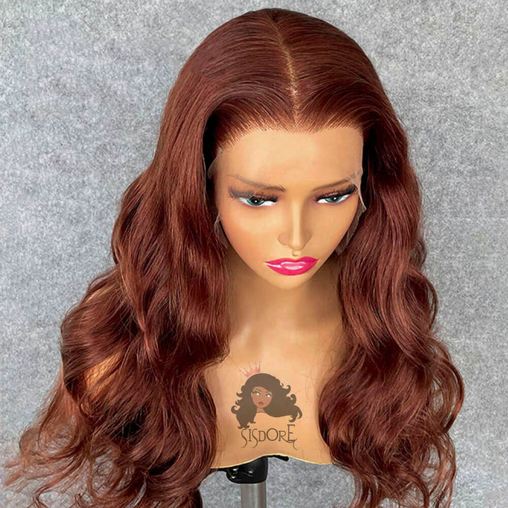 Dark auburn body wave wig, reddish brown human hair wig