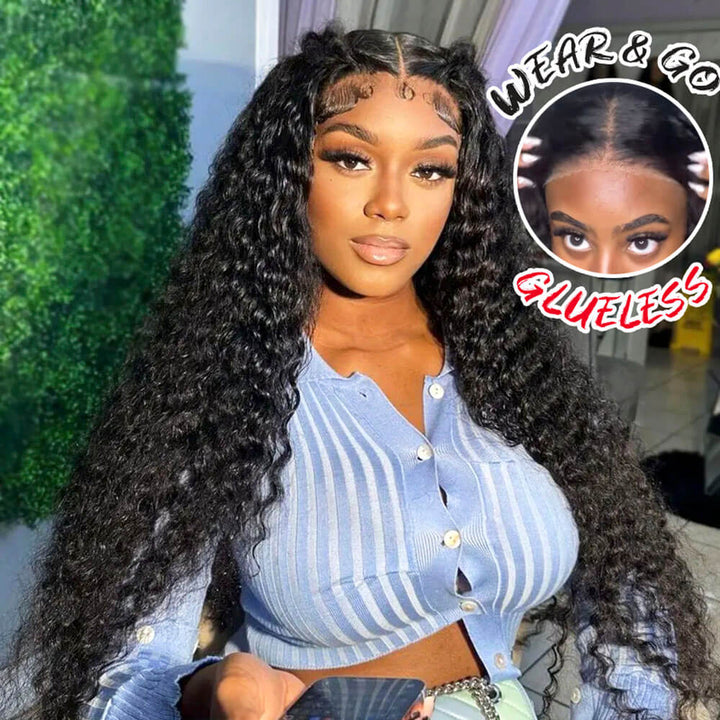 Deep Wave Wear and Go Glueless Wig, Pre Cut Lace Curly Hair Wigs for Beginners