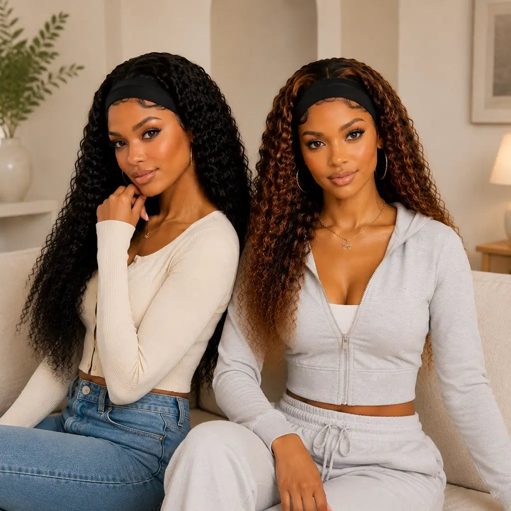 Two Black women wearing deep wave headband wigs in black and #4/27 highlights