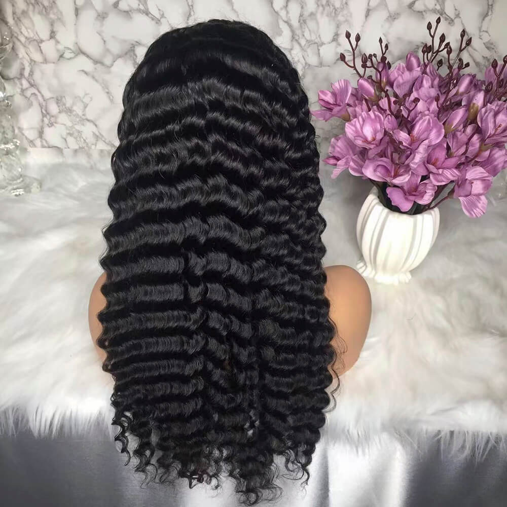 Deep wave glueless human hair wig invisible adjustable strip 360 full lace frontal wig