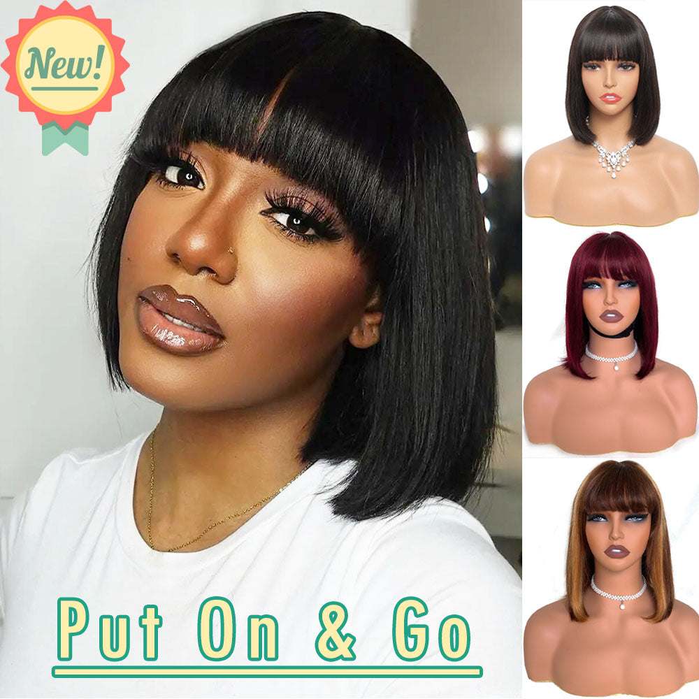 Glueless Bob Wig with Bangs, Short Human Hair Wig 3x1 Lace