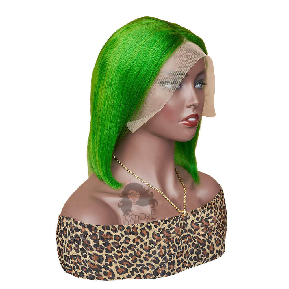 Light Green Short Straight Hair Bob Lace Front Wig Human Hair