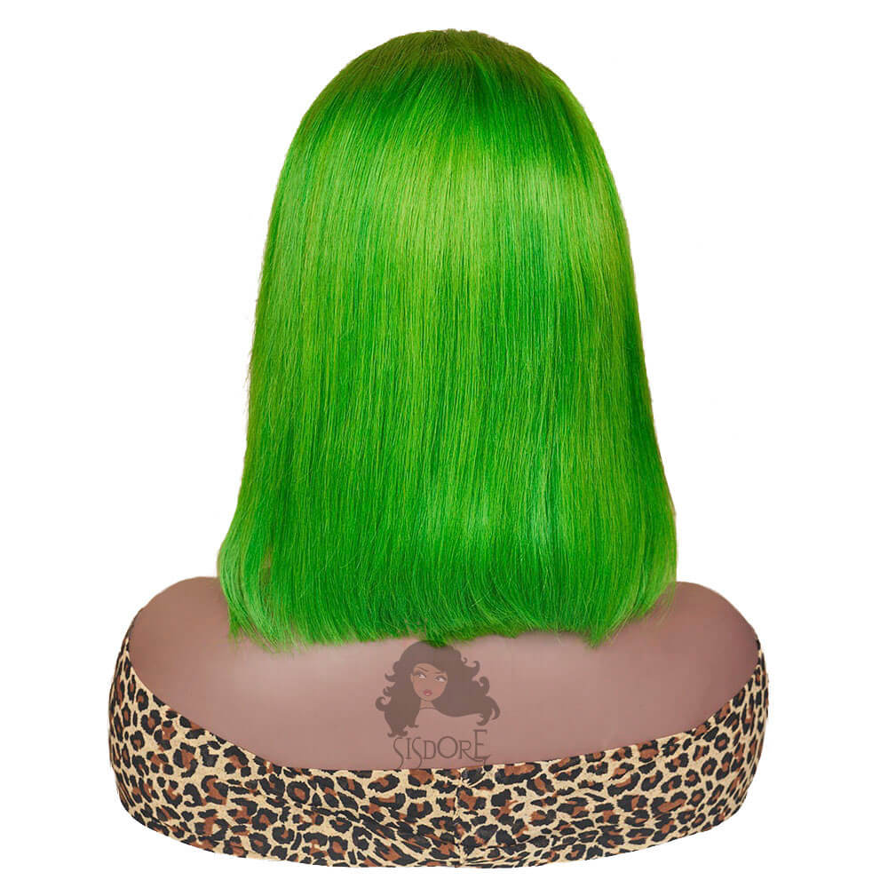 Green wig short straight real human hair