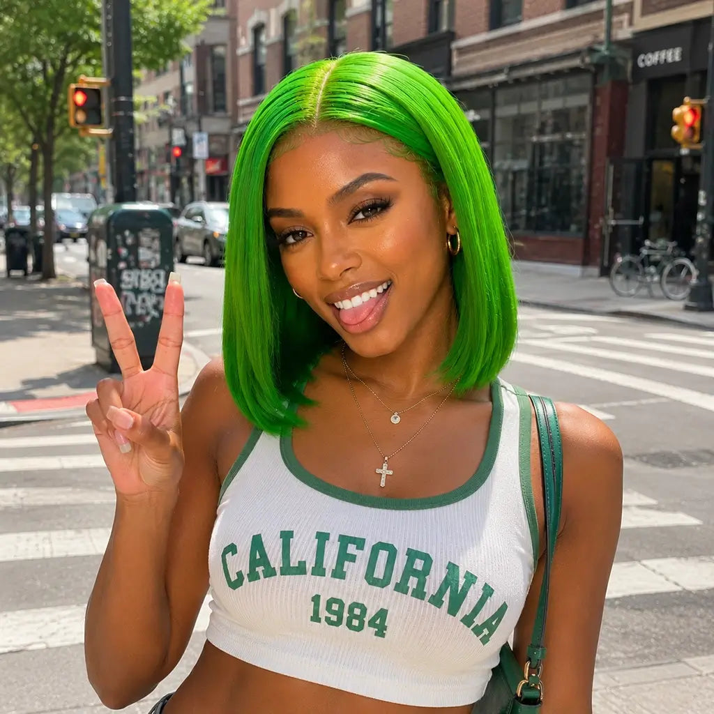 Women wearing a green bob wig straight human hair with a sleek center part and blunt cut in an urban street style setting