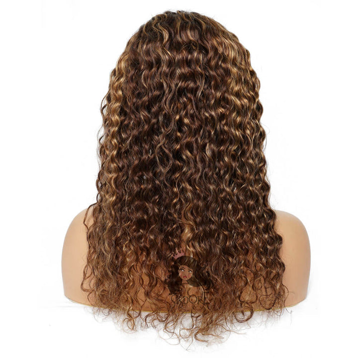 deep wave headband wigs, brown with blonde highlights