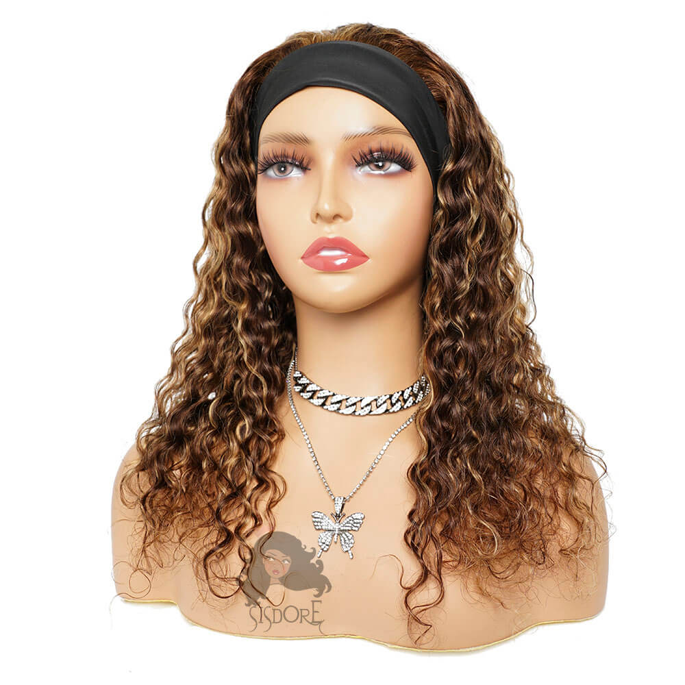 Brown and blonde highlights deep wave headband wig