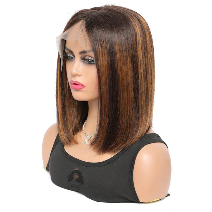 Brown with auburn highlights human hair bob wig