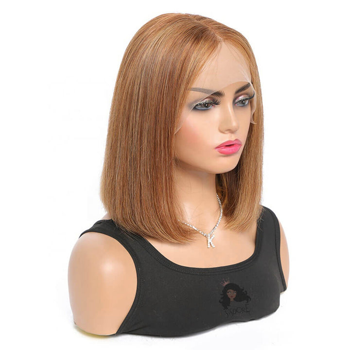 Brown with blonde highlights bob wig, middle part, lace front