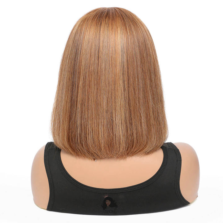 Straight lace front bob wig with middle part, brown and blonde highlights