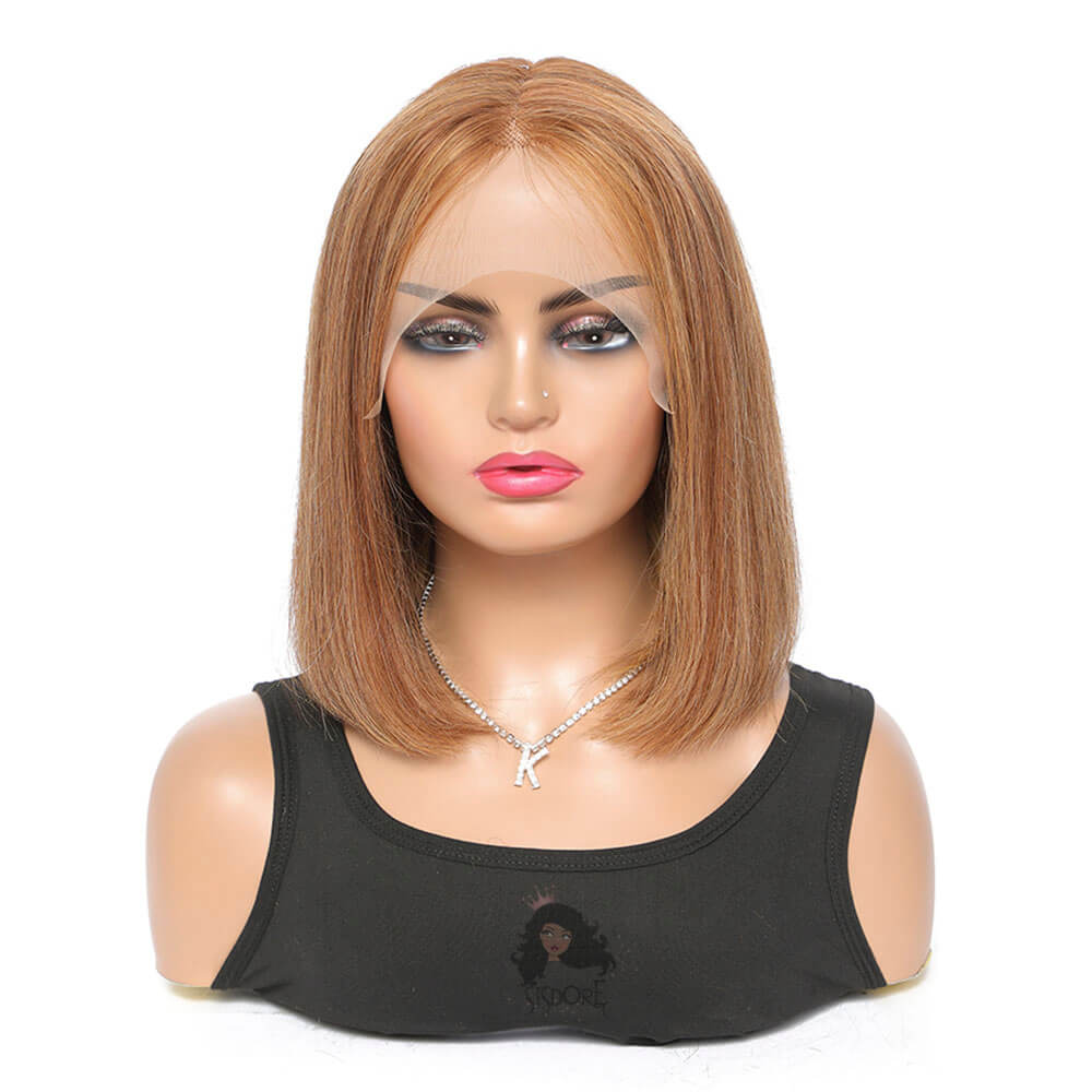 Highlight Bob Wigs, Short Straight Human Hair Lace Front Wig Color 4-27