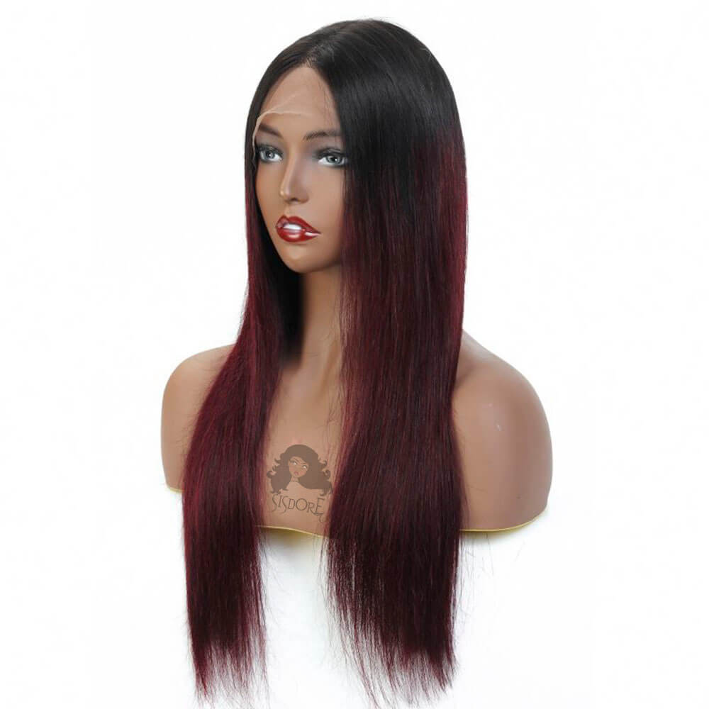 1B 99J burgundy ombre lace front human hair wig with black roots