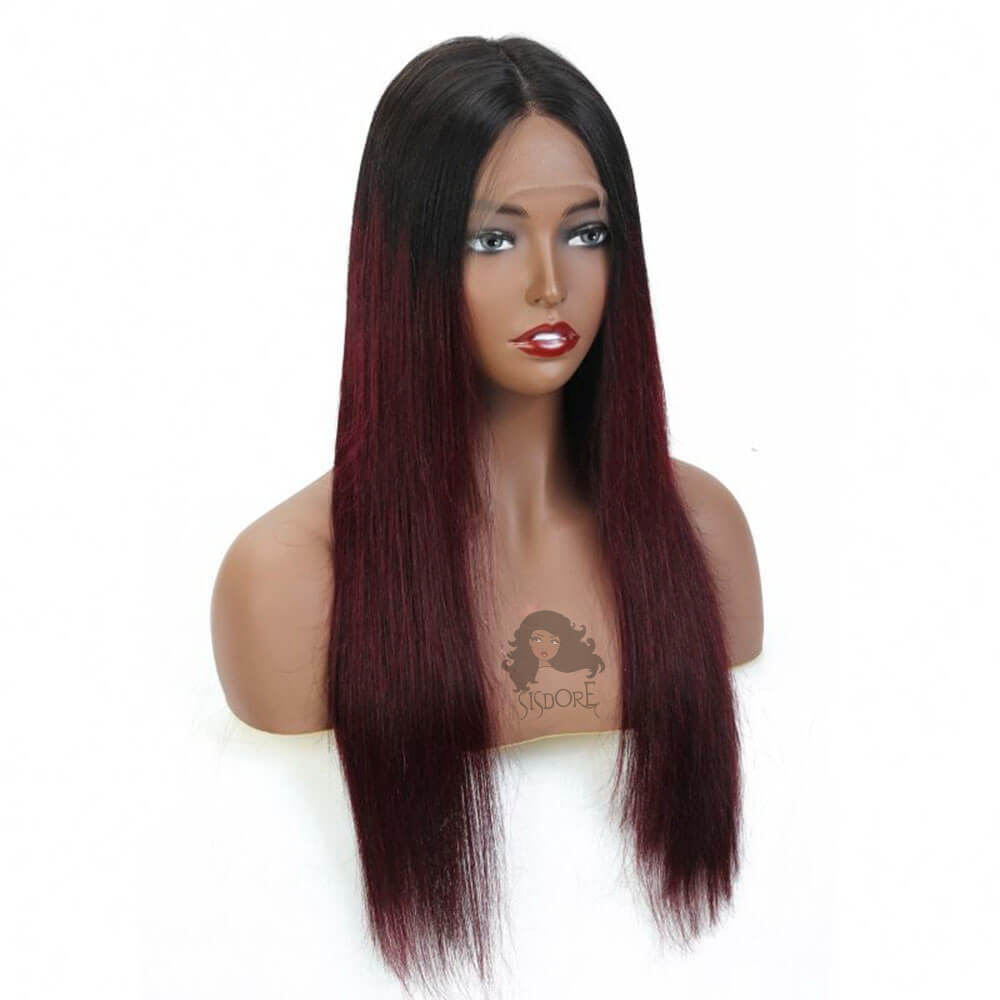 Dark burgundy hair with black roots 1b 99j straight human hair lace front wig