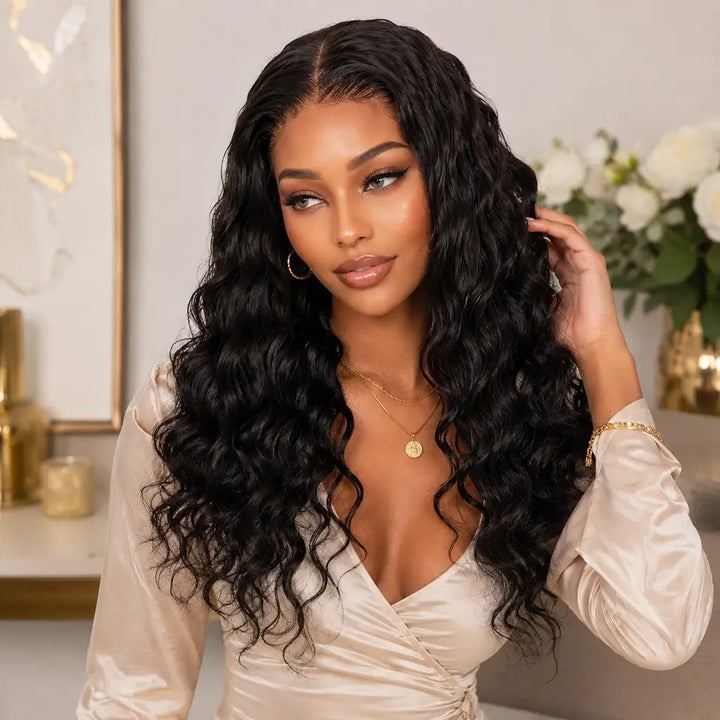 Loose Deep Wave Black Human Hair HD Lace Wig with Natural Wave Pattern and HD Lace Hairline