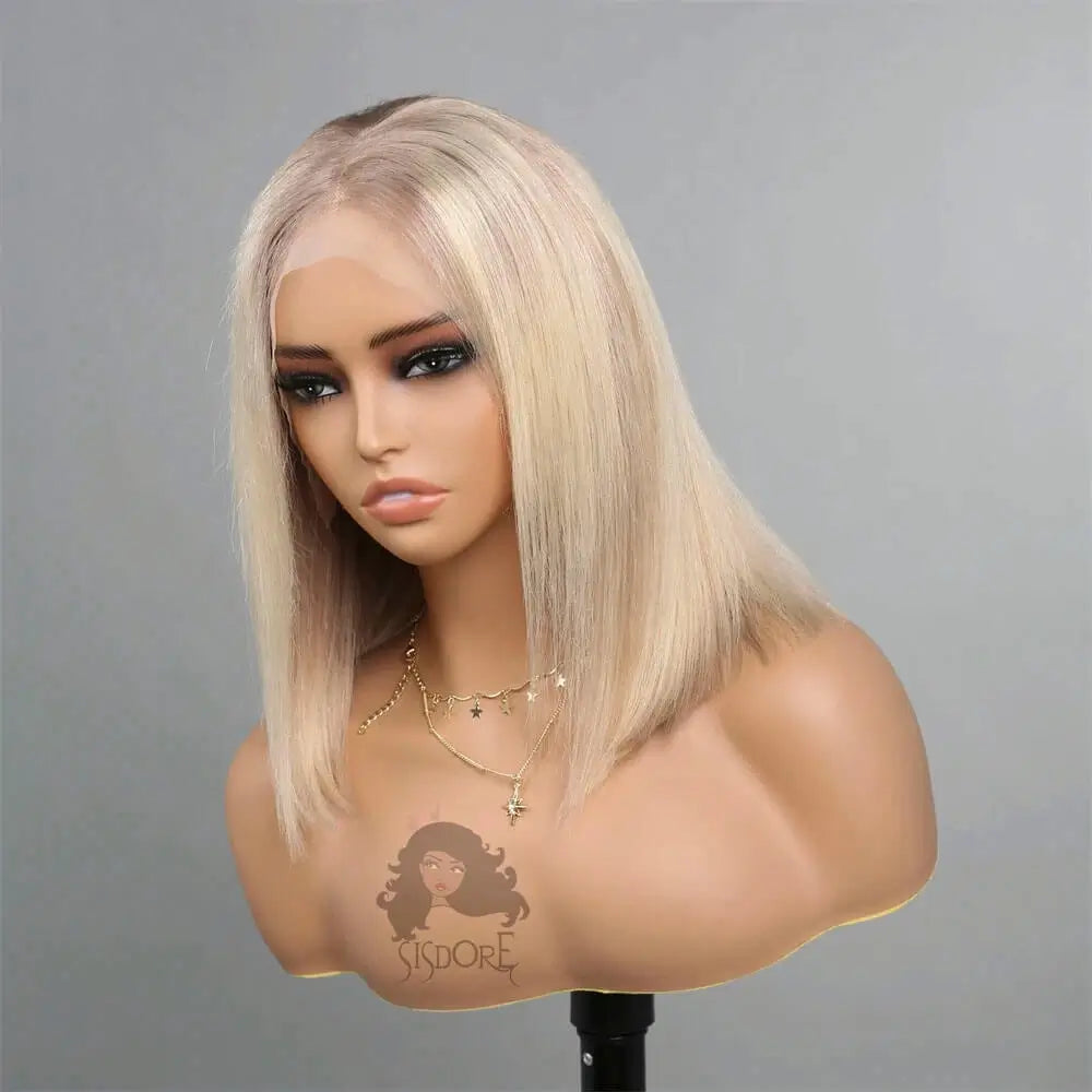 short platinum blonde wig front detail view
