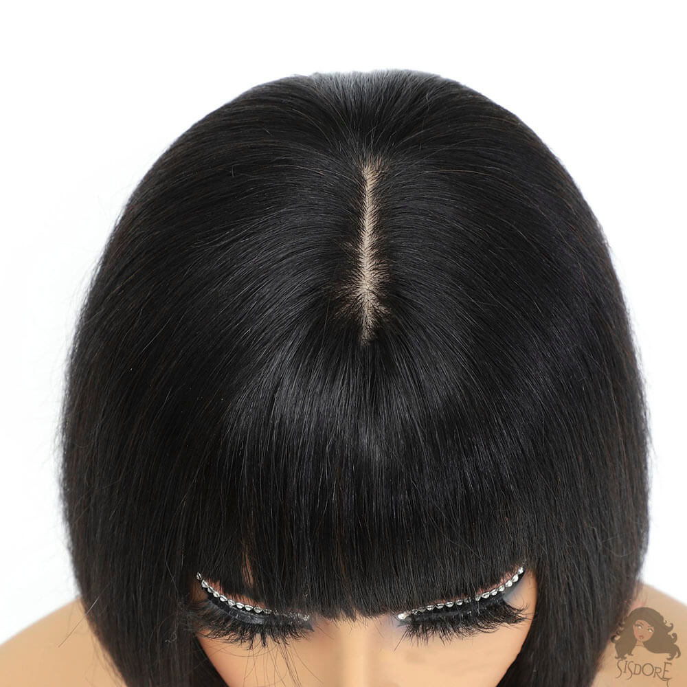 middle part Bob wig with bangs black straight hair #color_natural-color-bob