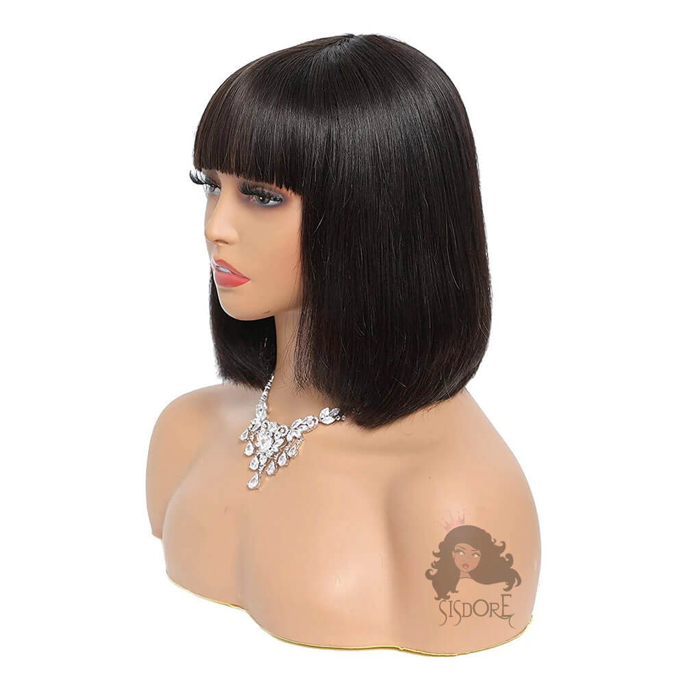 Short Glueless Bob Wig with Bangs black straight human hair #color_natural-color-bob