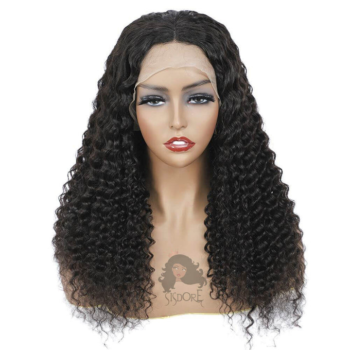 SISDORE Deep Wave Human Hair Wigs, Long Black Curly Brazilian Hair Lace Front Wig