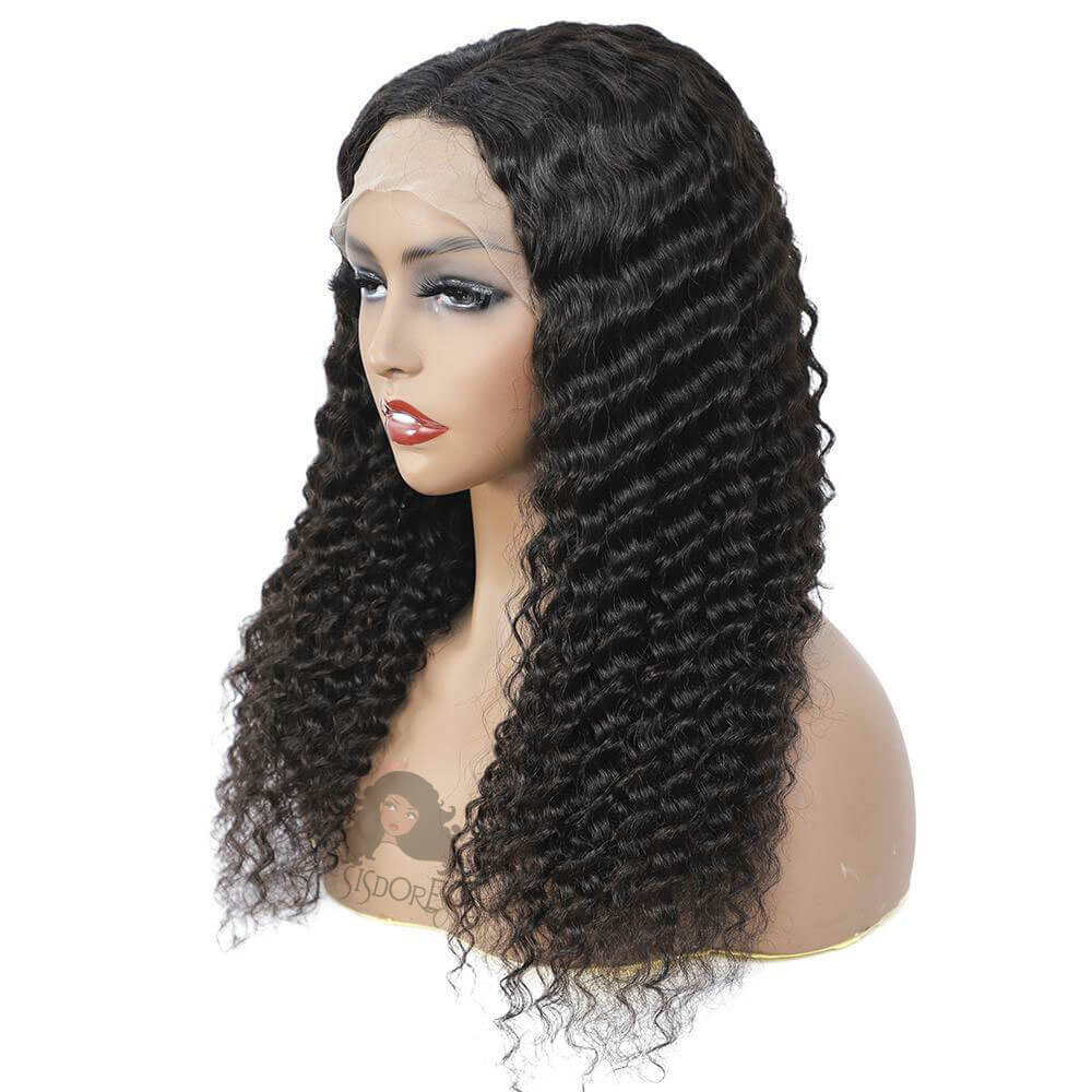 SISDORE Deep Wave Human Hair Wigs, Long Black Curly Brazilian Hair Lace Front Wig