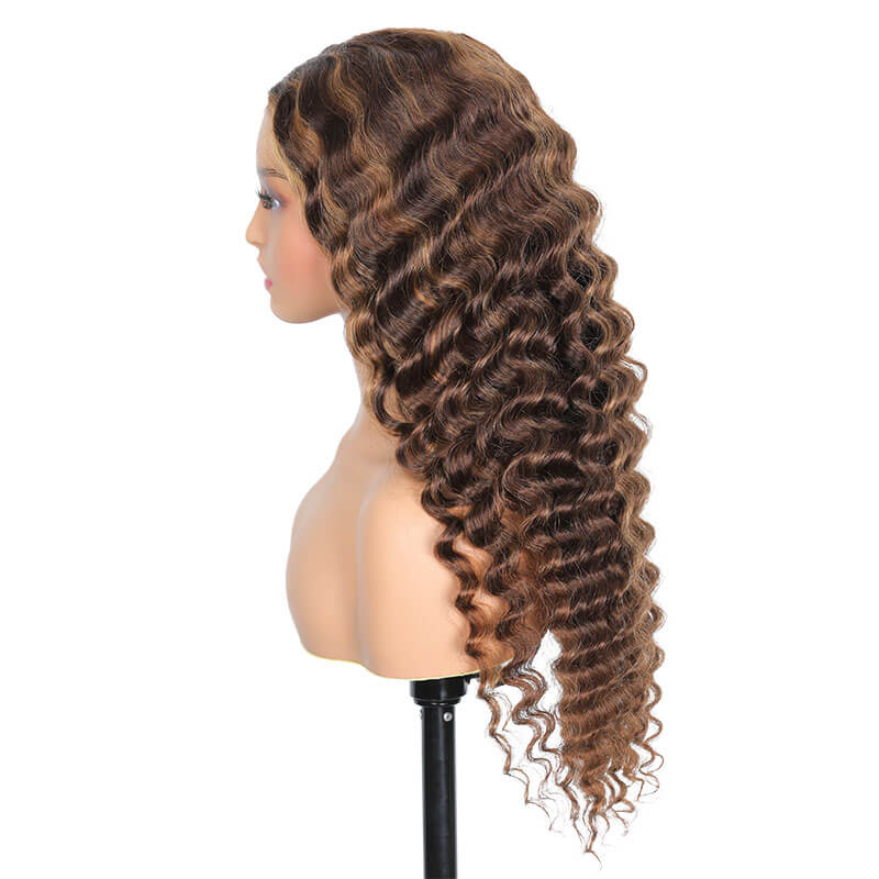 Brown and blonde highlights deep wave wig, HD lace