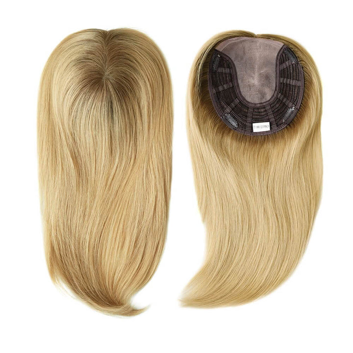 mono base hair topper - blonde hair with brown roots 