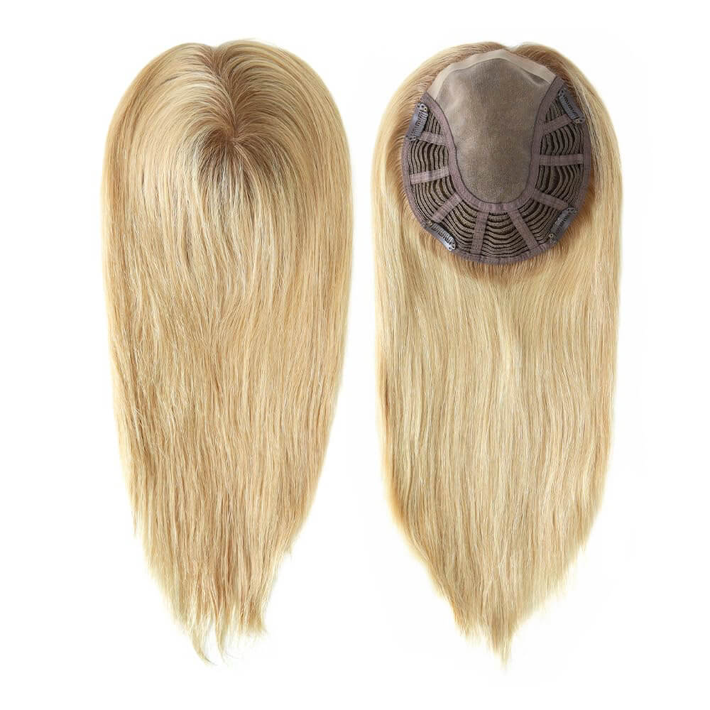 mono base hair topper - light blonde hair with brown roots