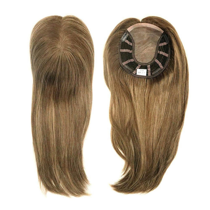 mono base hair topper with dark blonde highlight color