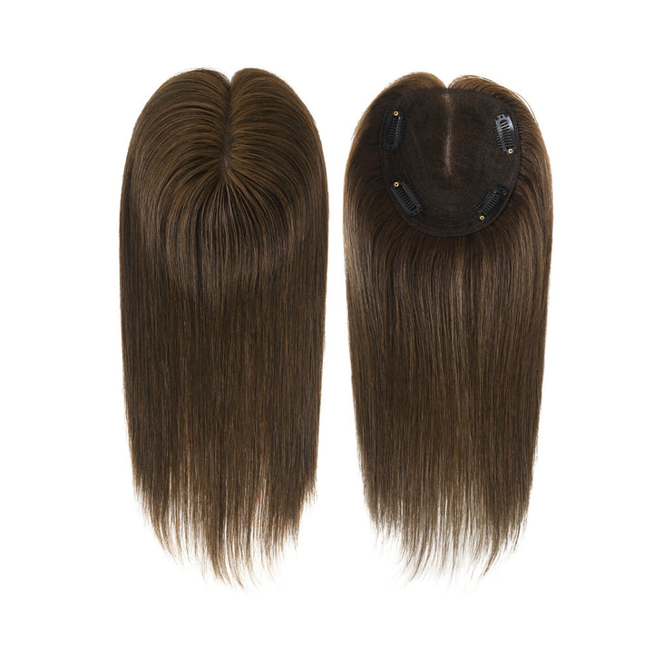 dark brown hair piece with 4 black clips on lace base