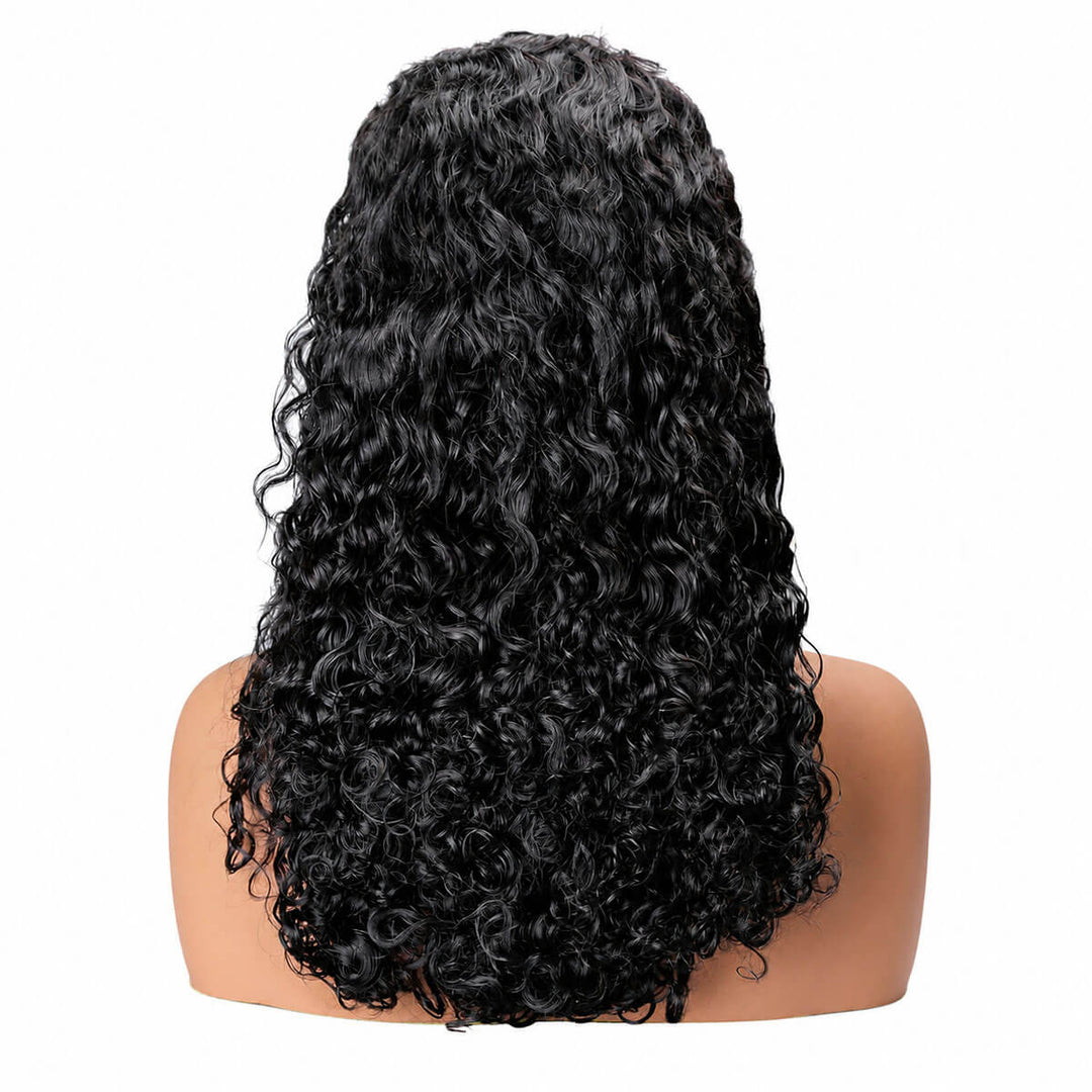Black curly wig on a mannequin head (back view) against a white background