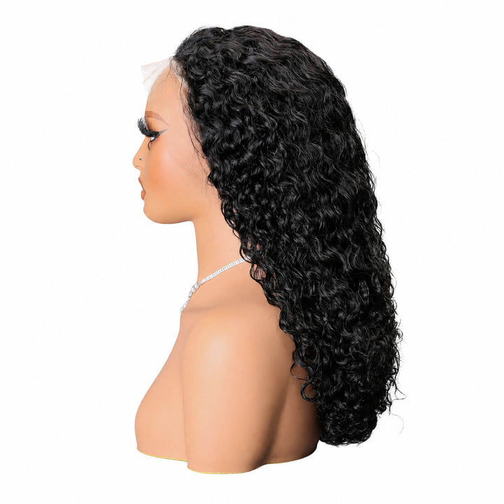 Black curly wig on a mannequin head (side view) against a white background